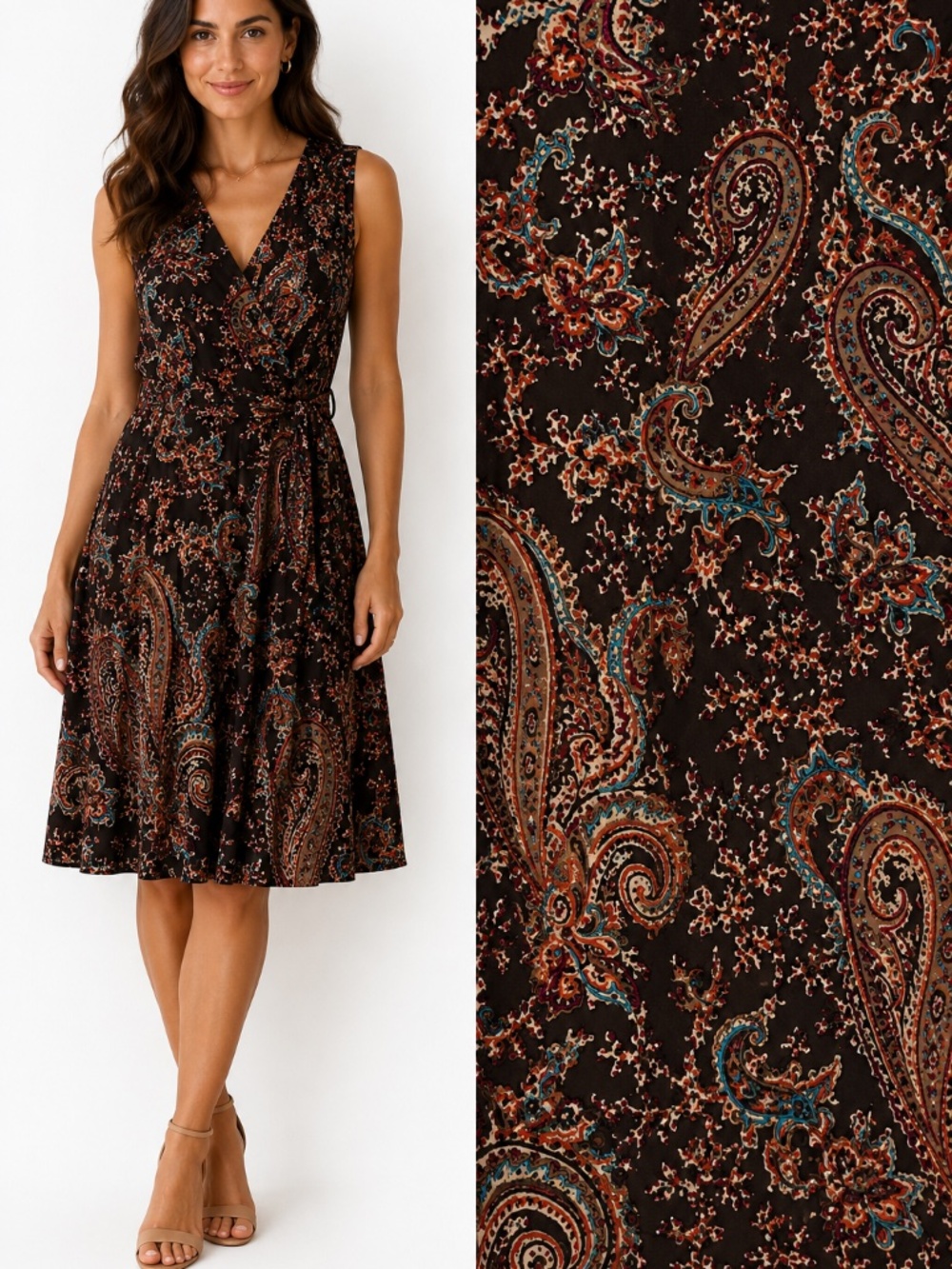 Lauren Ralph Lauren faux wrap dress S brown paisley sleeveless stretch office